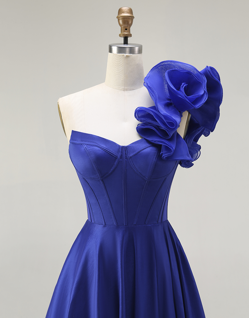 Royal Blue Corset One Shoulder Long Prom Dress with Slit