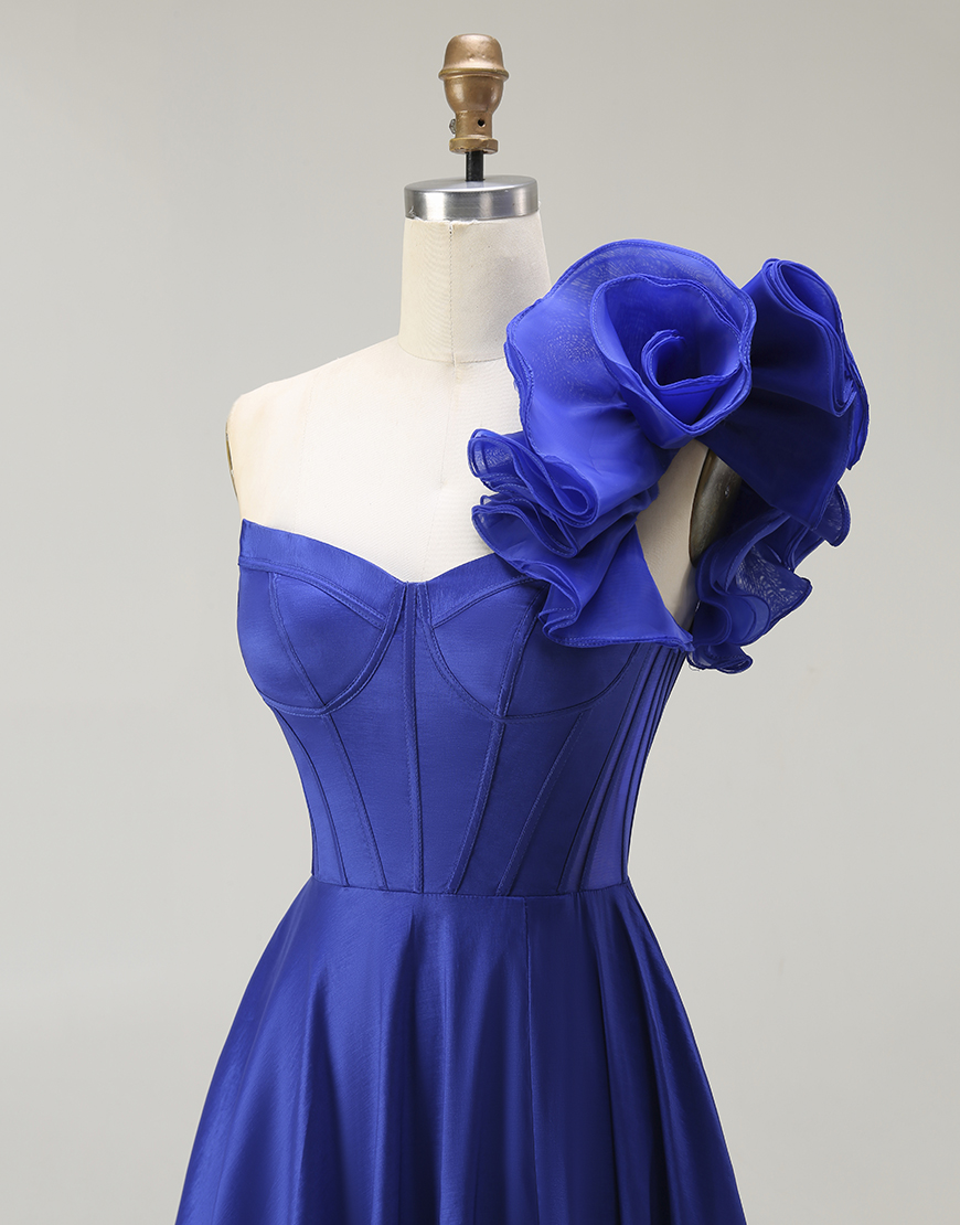 Royal Blue Corset One Shoulder Long Prom Dress with Slit