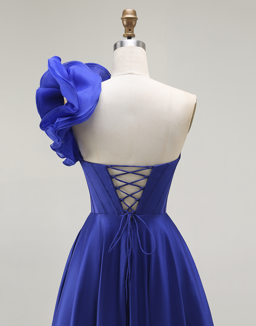 Royal Blue Corset One Shoulder Long Prom Dress with Slit