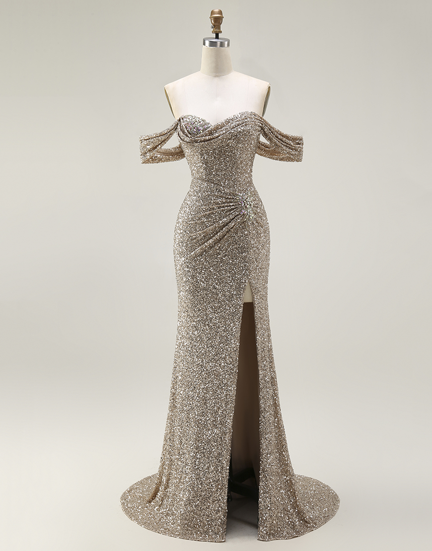 Sparkly Champagne Mermaid Off the Shoulder Long Prom Dress with Slit