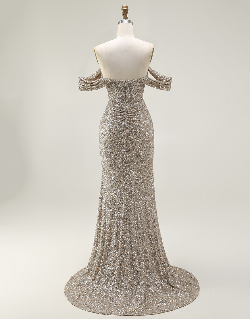 Sparkly Champagne Mermaid Off the Shoulder Long Prom Dress with Slit