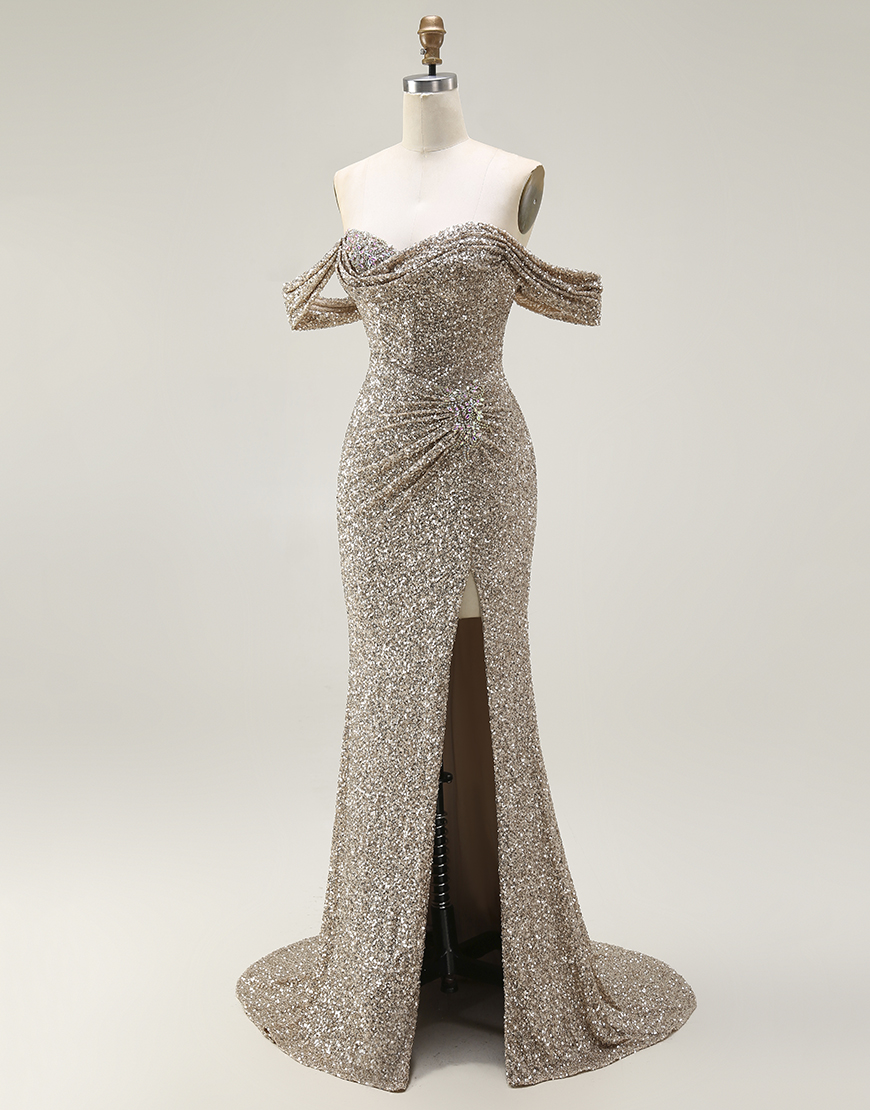 Sparkly Champagne Mermaid Off the Shoulder Long Prom Dress with Slit