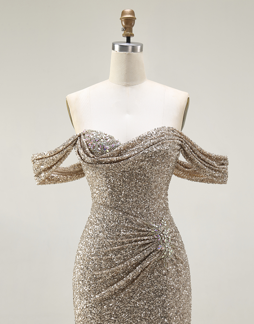 Sparkly Champagne Mermaid Off the Shoulder Long Prom Dress with Slit