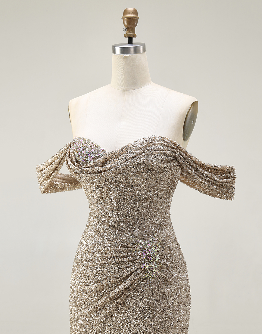 Sparkly Champagne Mermaid Off the Shoulder Long Prom Dress with Slit