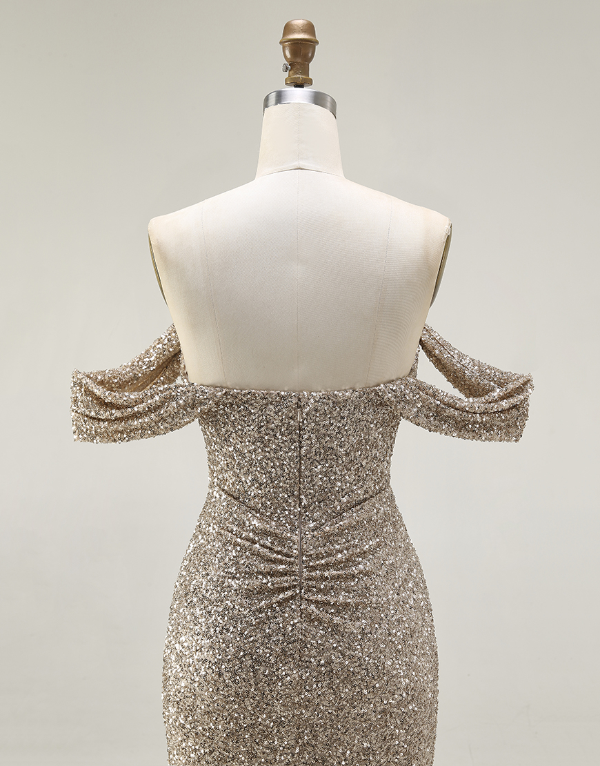 Sparkly Champagne Mermaid Off the Shoulder Long Prom Dress with Slit