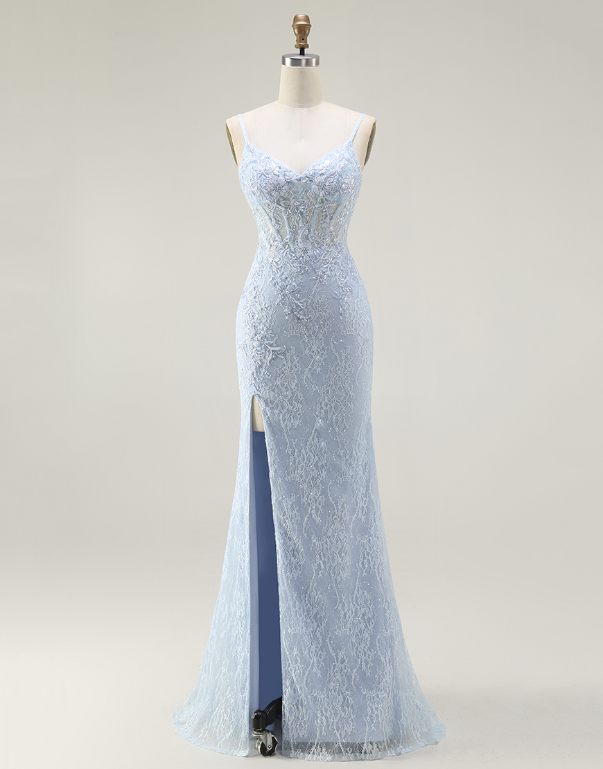 Sparkly Blue Mermaid Corset Long Lace Prom Dress with Slit