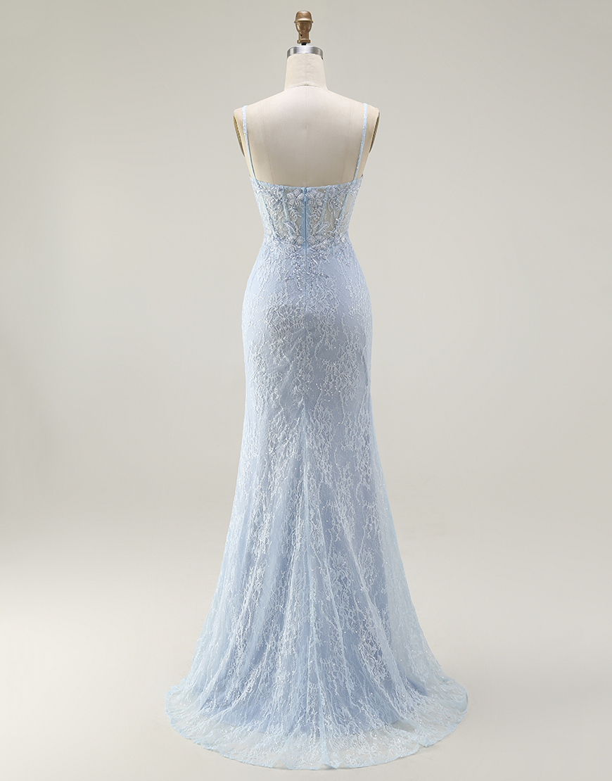 Sparkly Blue Mermaid Corset Long Lace Prom Dress with Slit