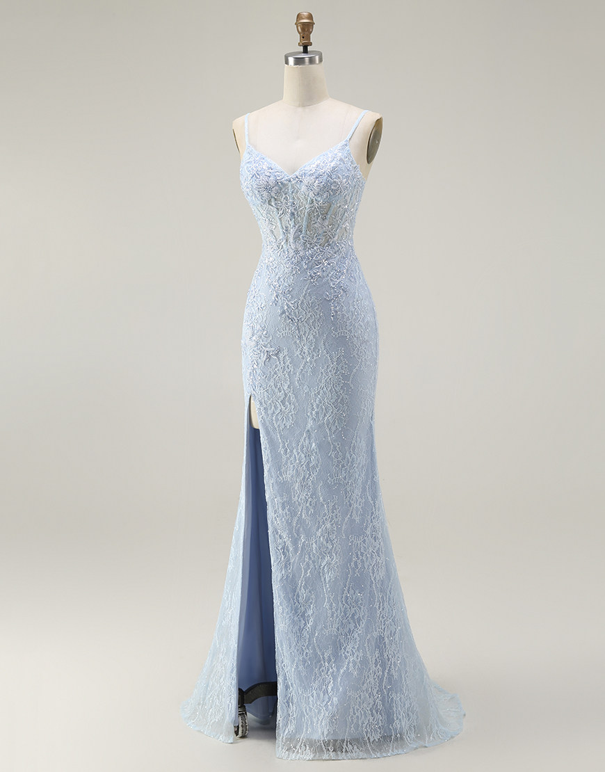 Sparkly Blue Mermaid Corset Long Lace Prom Dress with Slit