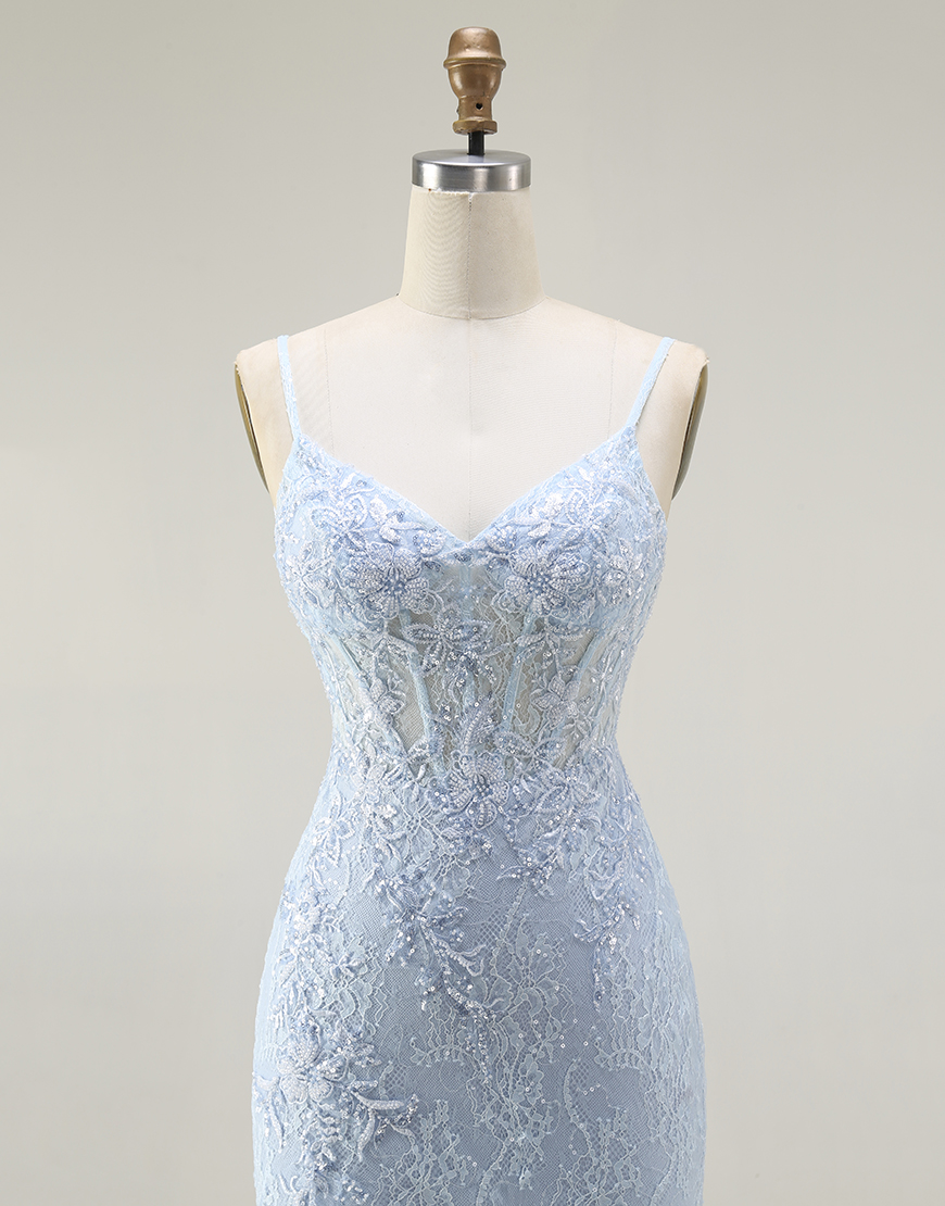 Sparkly Blue Mermaid Corset Long Lace Prom Dress with Slit