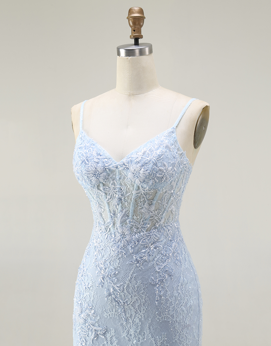 Sparkly Blue Mermaid Corset Long Lace Prom Dress with Slit