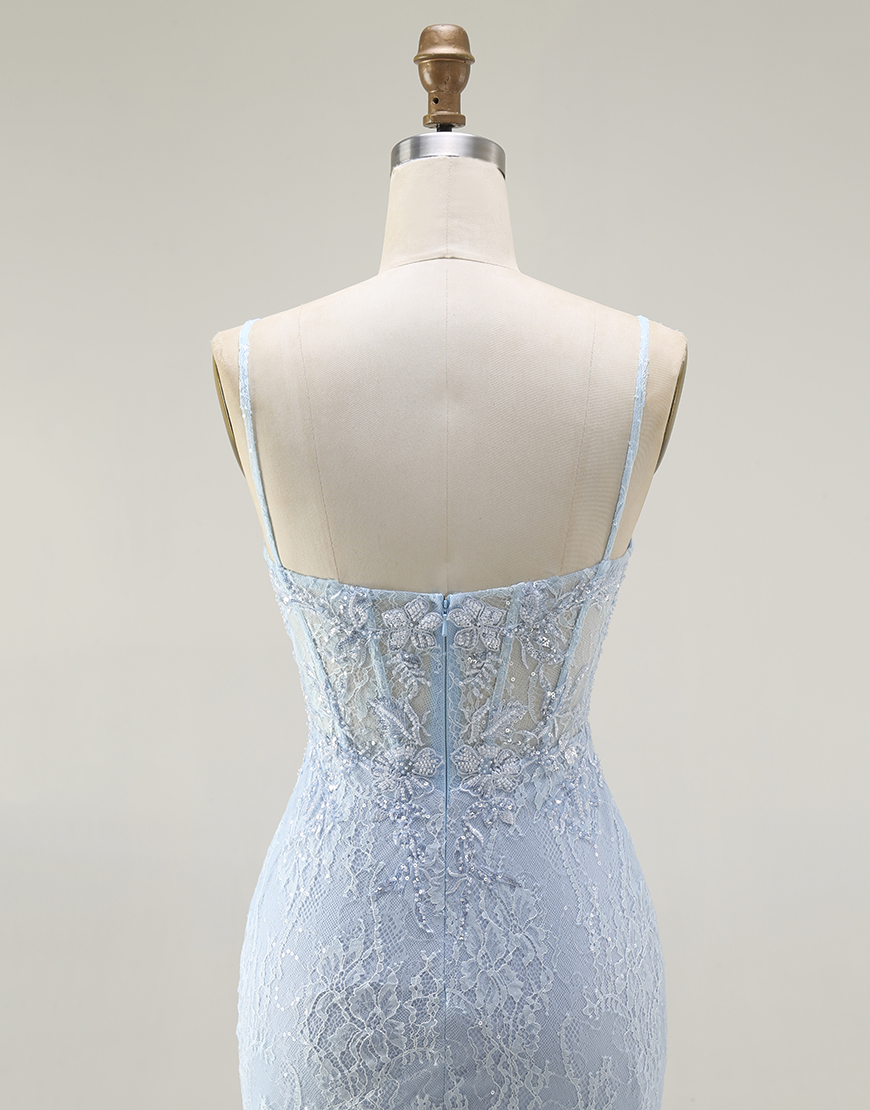 Sparkly Blue Mermaid Corset Long Lace Prom Dress with Slit