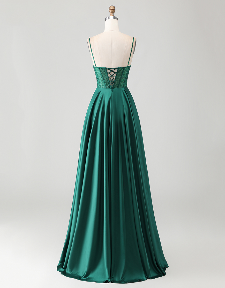 Sparkly Dark Green Corset Long Prom Dress with Rhinestones
