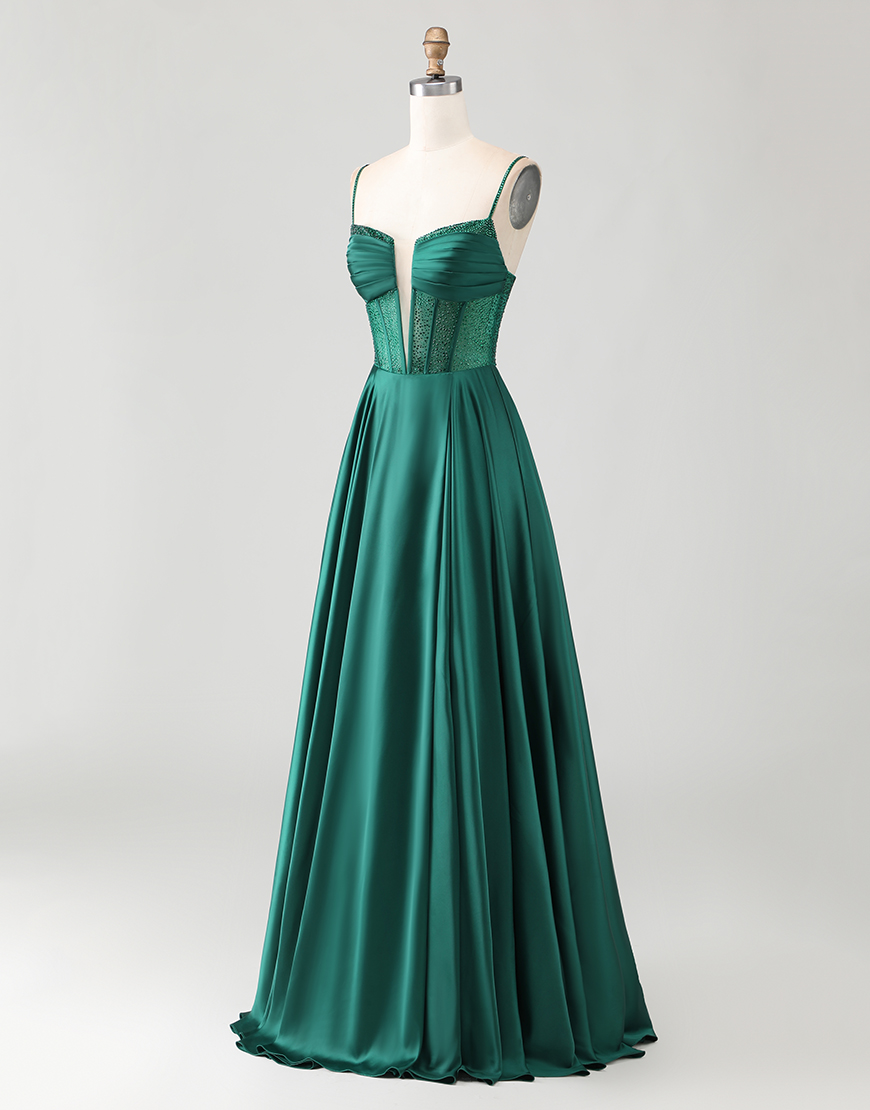 Sparkly Dark Green Corset Long Prom Dress with Rhinestones