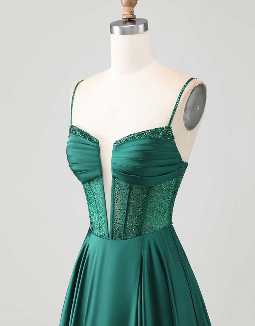 Sparkly Dark Green Corset Long Prom Dress with Rhinestones