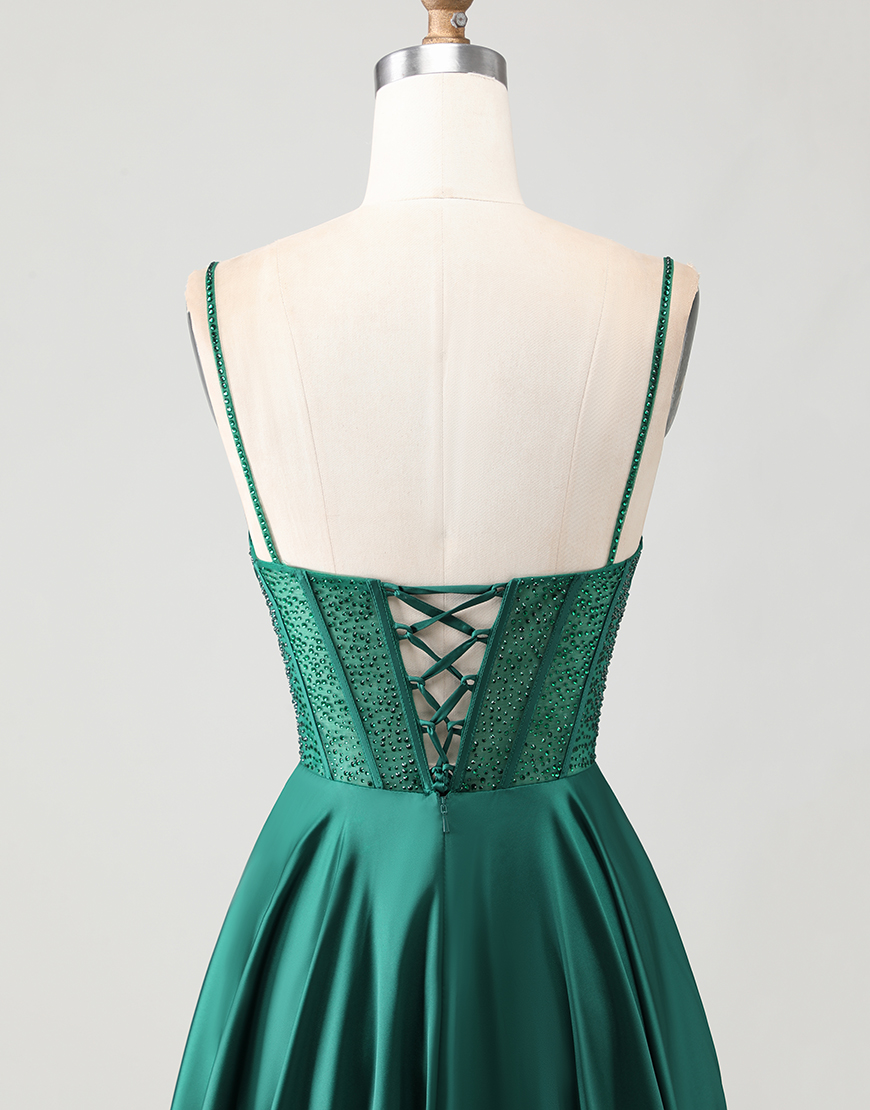 Sparkly Dark Green Corset Long Prom Dress with Rhinestones