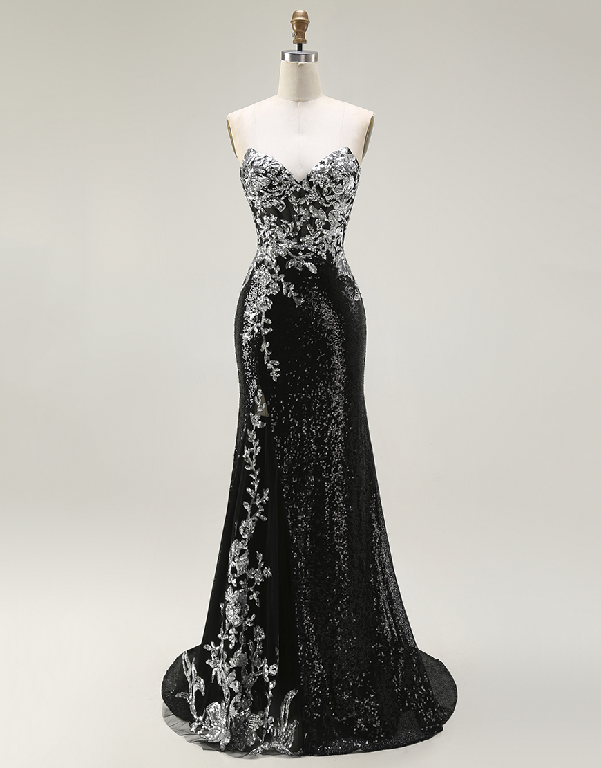 Sparkly Mermaid Black Silver Sequin Strapless Long Prom Dress