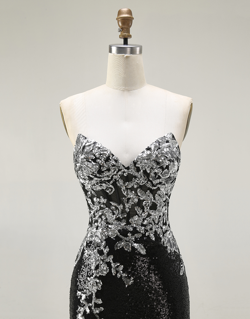 Sparkly Mermaid Black Silver Sequin Strapless Long Prom Dress