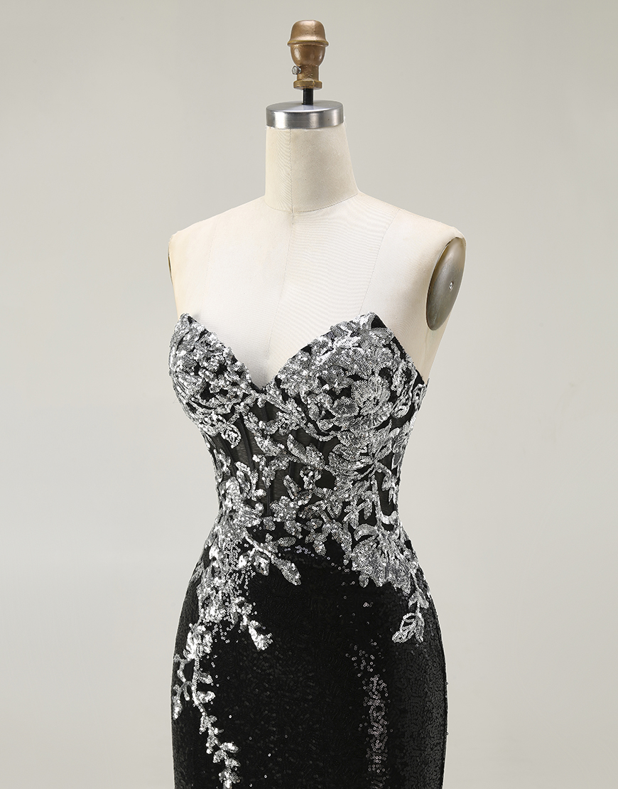 Sparkly Mermaid Black Silver Sequin Strapless Long Prom Dress