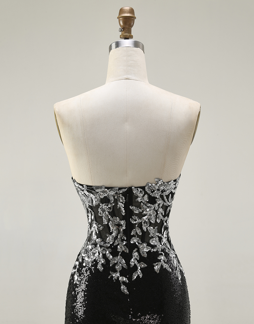 Sparkly Mermaid Black Silver Sequin Strapless Long Prom Dress