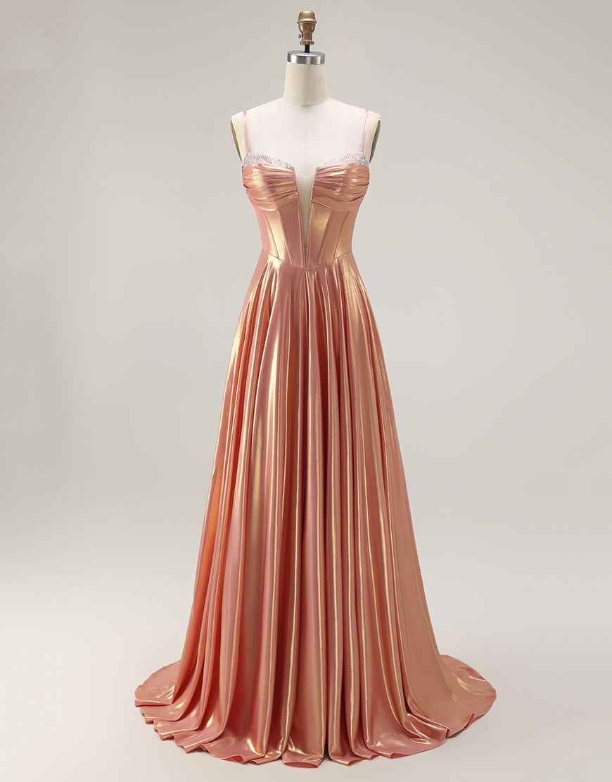 Sparkly Orange Metallic Spaghetti Straps Long Corset Prom Dress