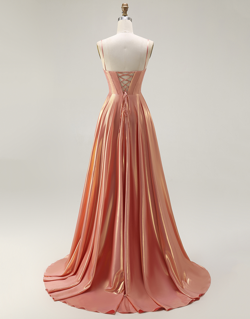 Sparkly Orange Metallic Spaghetti Straps Long Corset Prom Dress