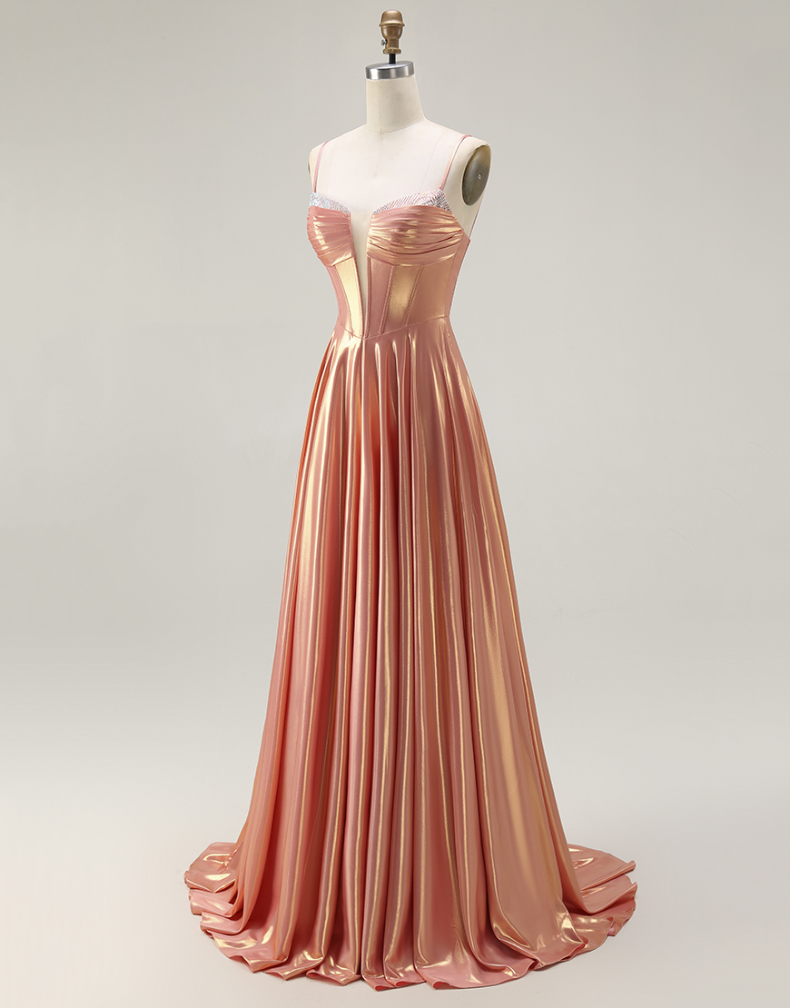 Sparkly Orange Metallic Spaghetti Straps Long Corset Prom Dress