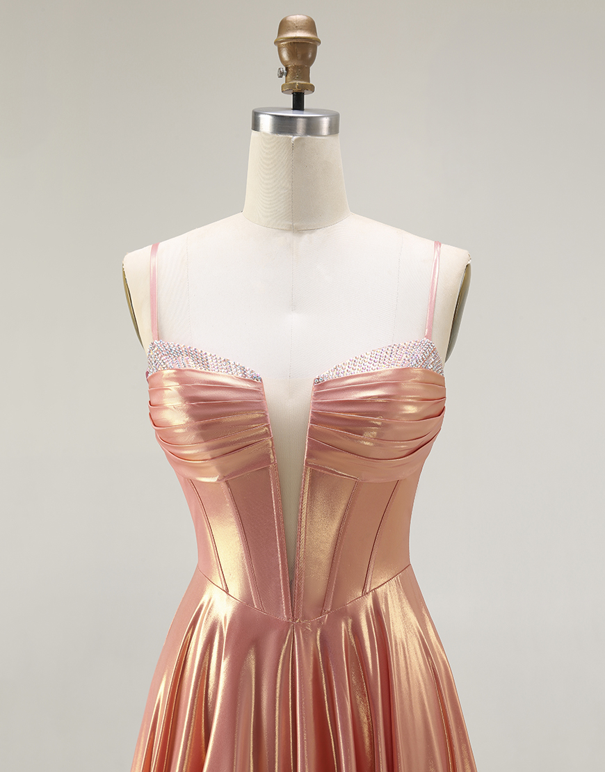 Sparkly Orange Metallic Spaghetti Straps Long Corset Prom Dress