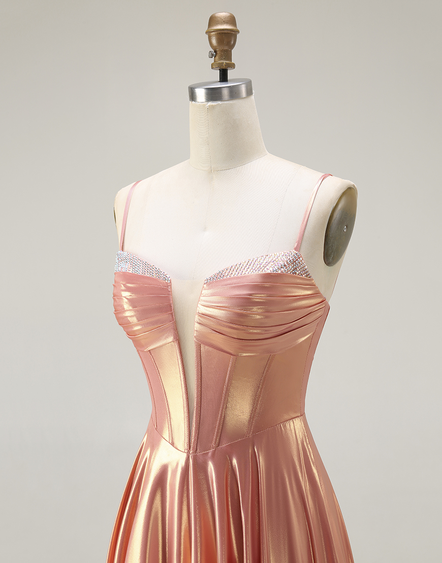 Sparkly Orange Metallic Spaghetti Straps Long Corset Prom Dress