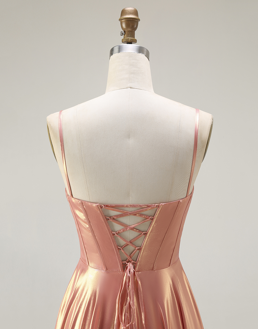 Sparkly Orange Metallic Spaghetti Straps Long Corset Prom Dress