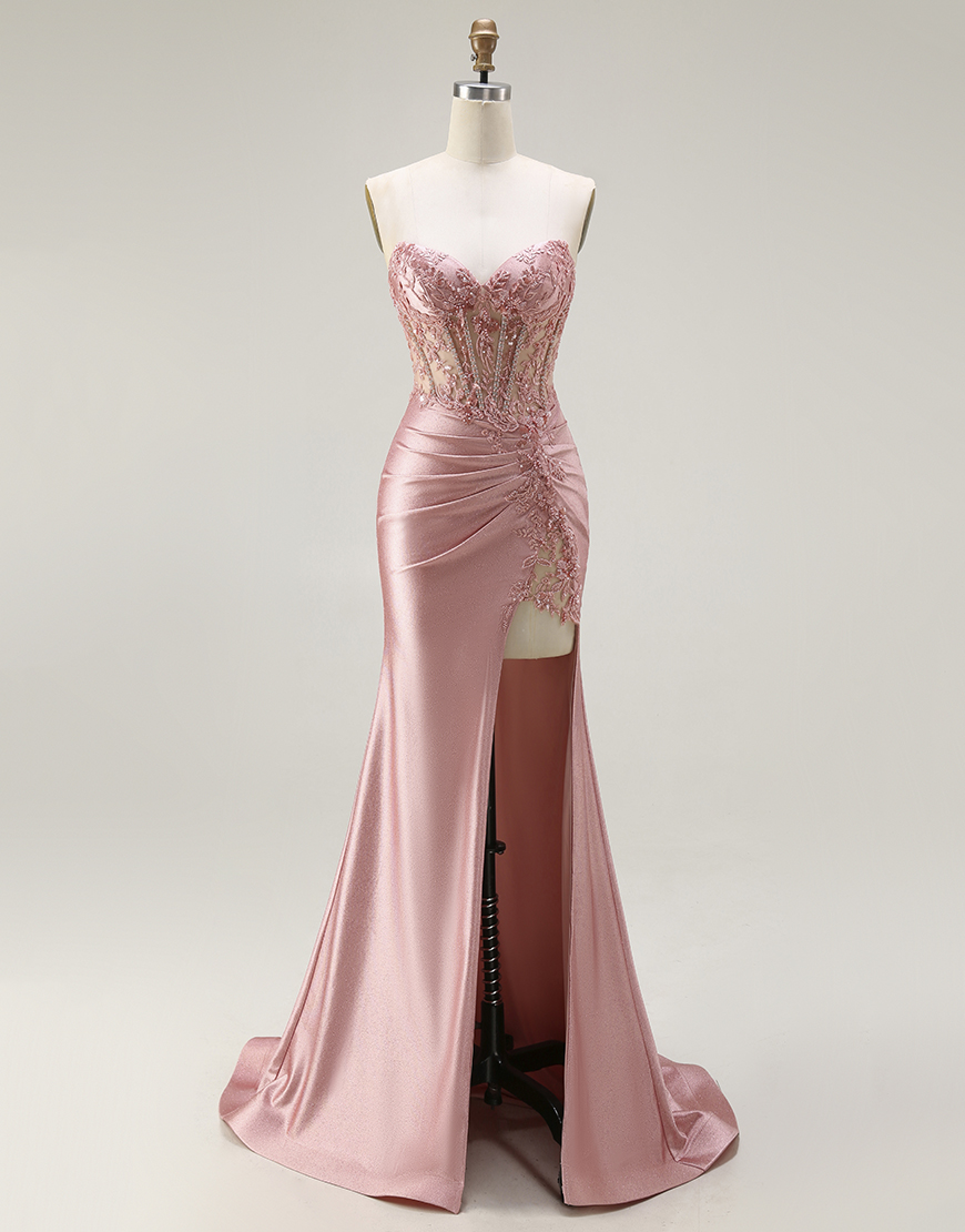 Sparkly Blush Mermaid Long Corset Prom Dress with Slit