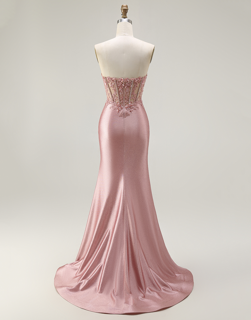 Sparkly Blush Mermaid Long Corset Prom Dress with Slit