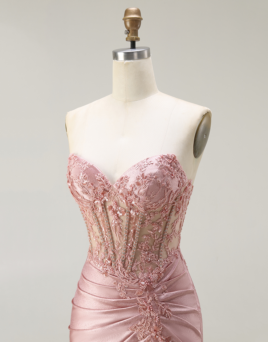 Sparkly Blush Mermaid Long Corset Prom Dress with Slit