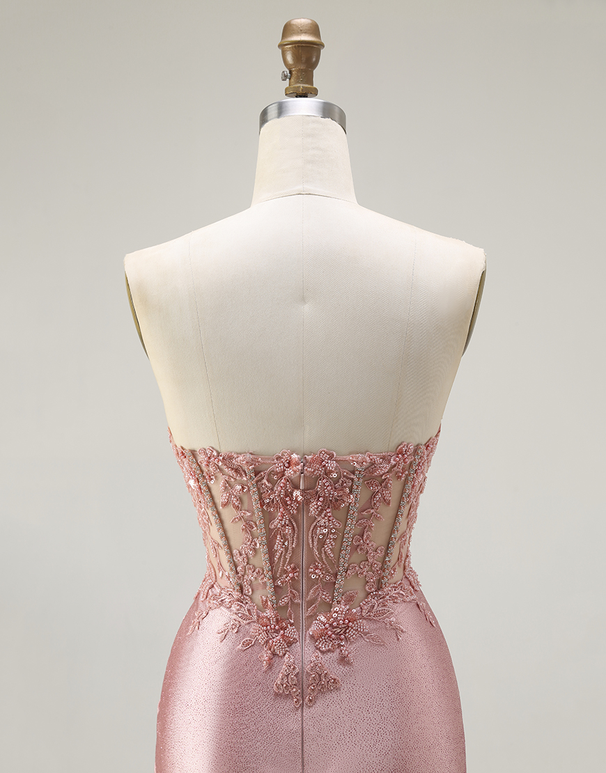 Sparkly Blush Mermaid Long Corset Prom Dress with Slit