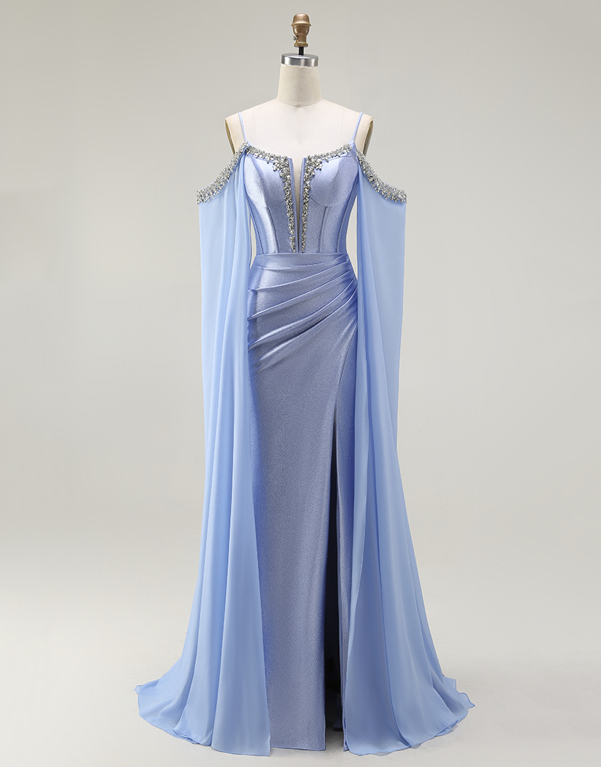 Sparkly Blue Mermaid Cold Shoulder Corset Long Prom Dress with Detachable Cape