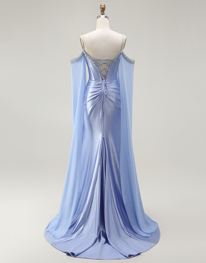 Sparkly Blue Mermaid Cold Shoulder Corset Long Prom Dress with Detachable Cape