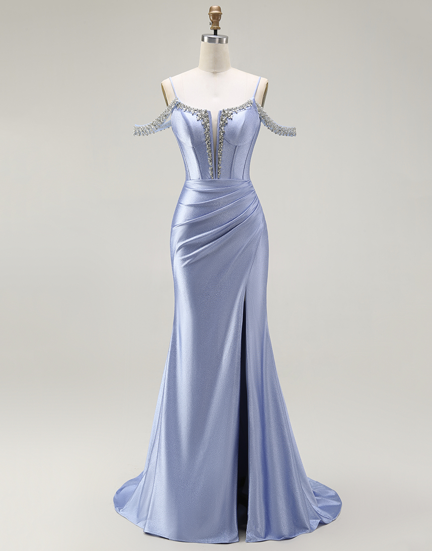 Sparkly Blue Mermaid Cold Shoulder Corset Long Prom Dress with Detachable Cape