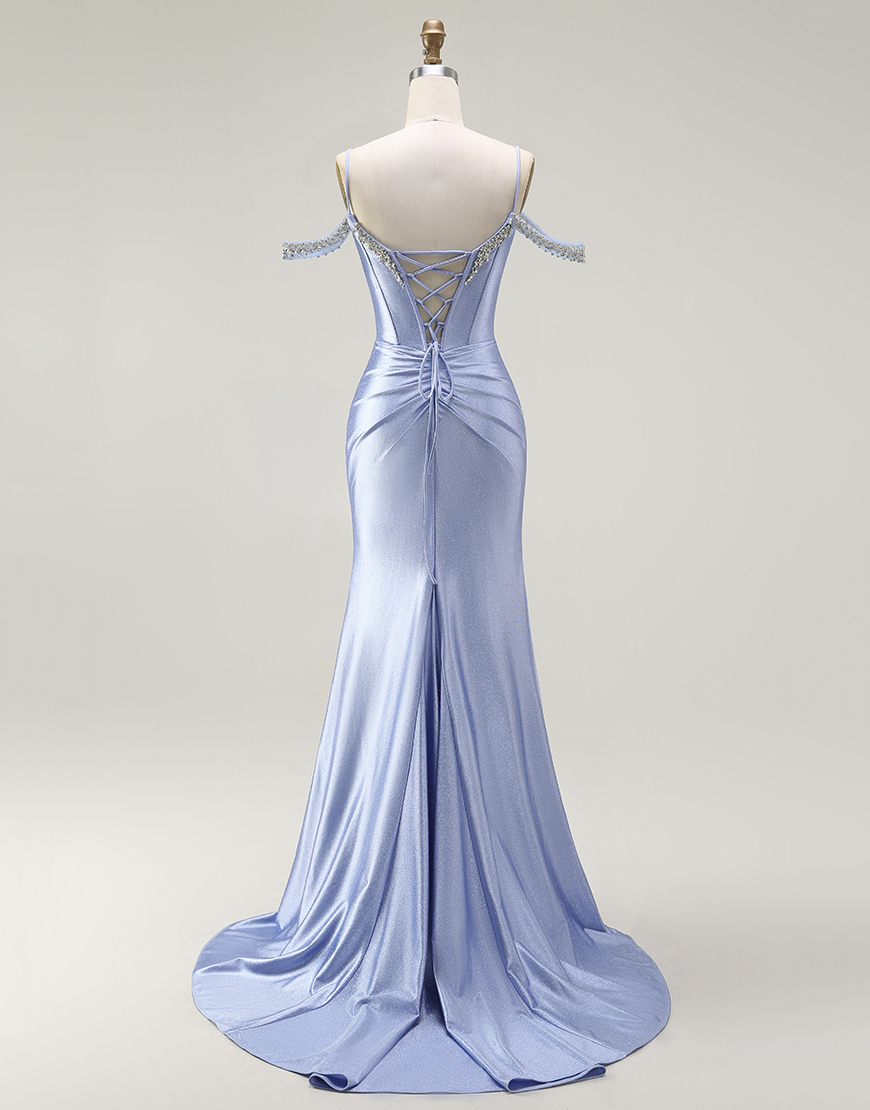 Sparkly Blue Mermaid Cold Shoulder Corset Long Prom Dress with Detachable Cape