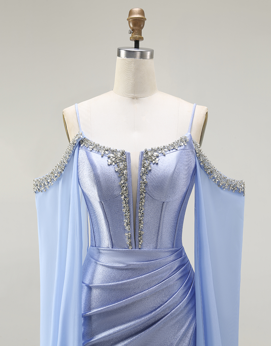Sparkly Blue Mermaid Cold Shoulder Corset Long Prom Dress with Detachable Cape