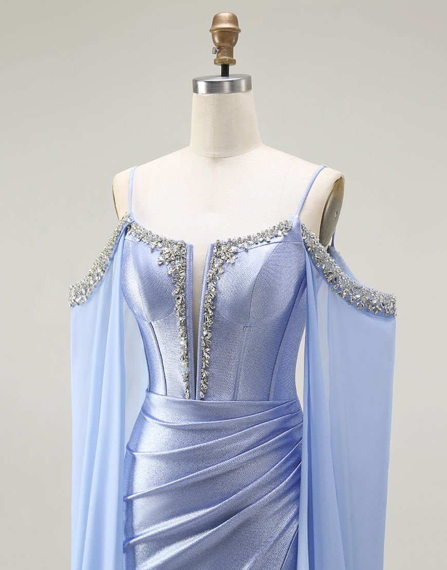 Sparkly Blue Mermaid Cold Shoulder Corset Long Prom Dress with Detachable Cape