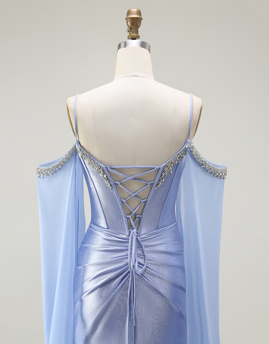 Sparkly Blue Mermaid Cold Shoulder Corset Long Prom Dress with Detachable Cape