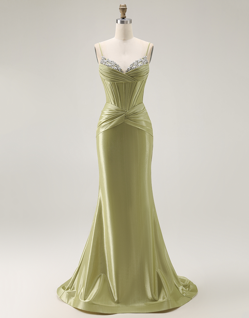 Sparkly Green Mermaid Spaghetti Straps Corset Long Prom Dress