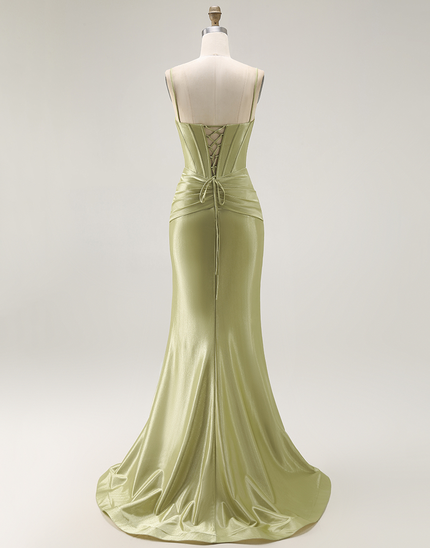 Sparkly Green Mermaid Spaghetti Straps Corset Long Prom Dress