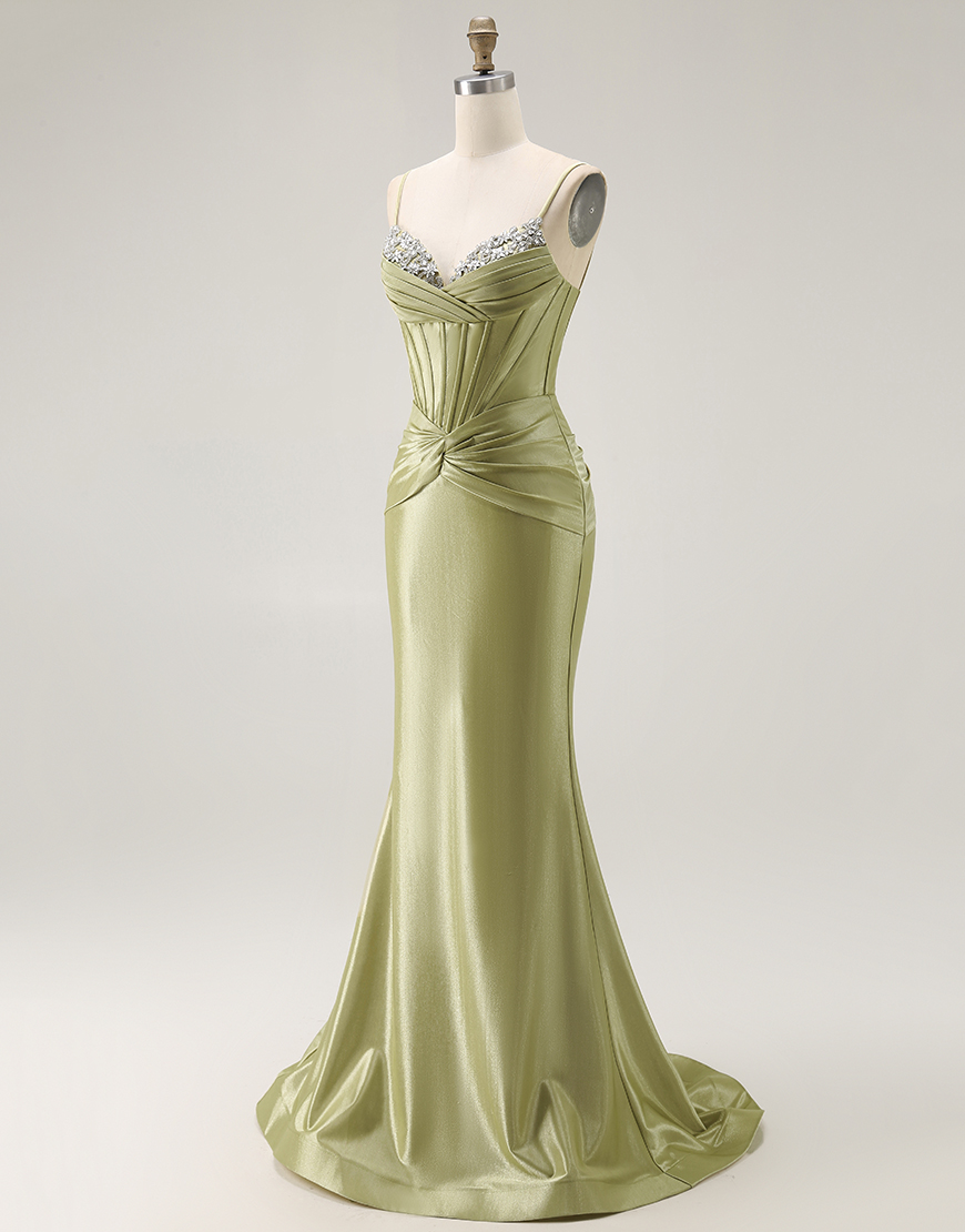 Sparkly Green Mermaid Spaghetti Straps Corset Long Prom Dress