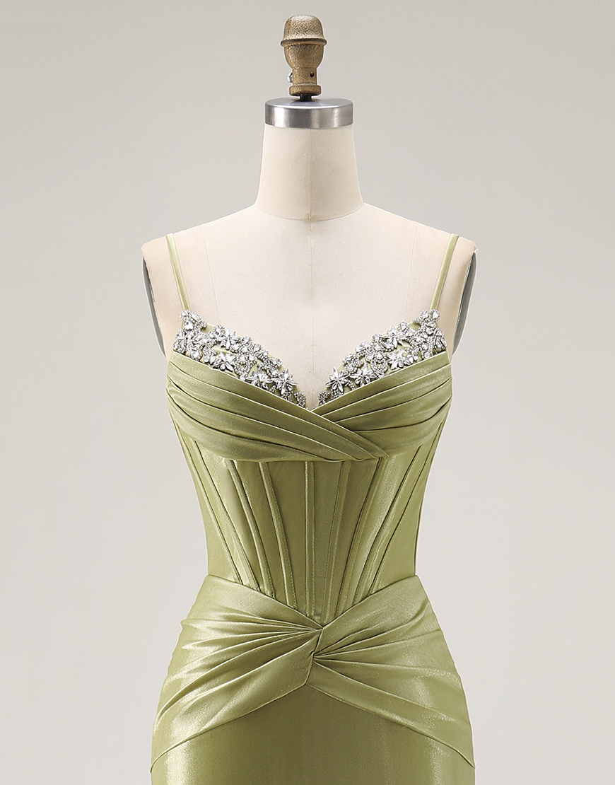 Sparkly Green Mermaid Spaghetti Straps Corset Long Prom Dress