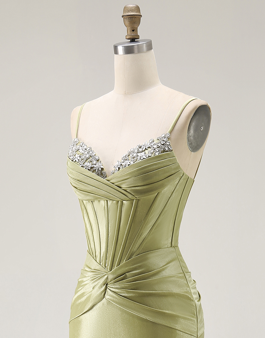 Sparkly Green Mermaid Spaghetti Straps Corset Long Prom Dress