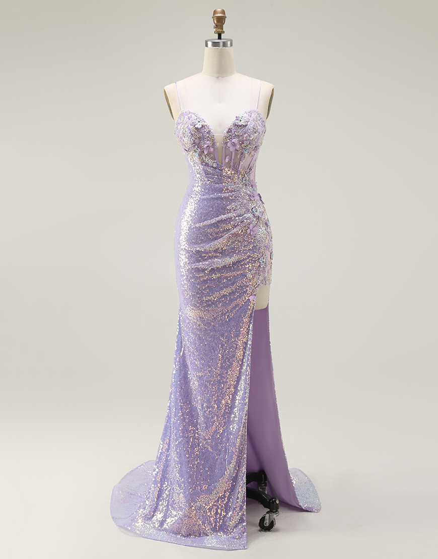 Sparkly Lilac Mermaid Long Corset Prom Dress with Slit