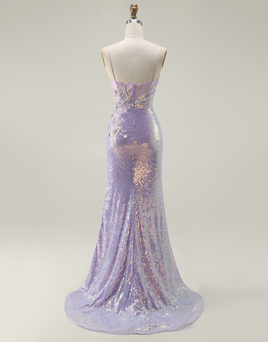 Sparkly Lilac Mermaid Long Corset Prom Dress with Slit