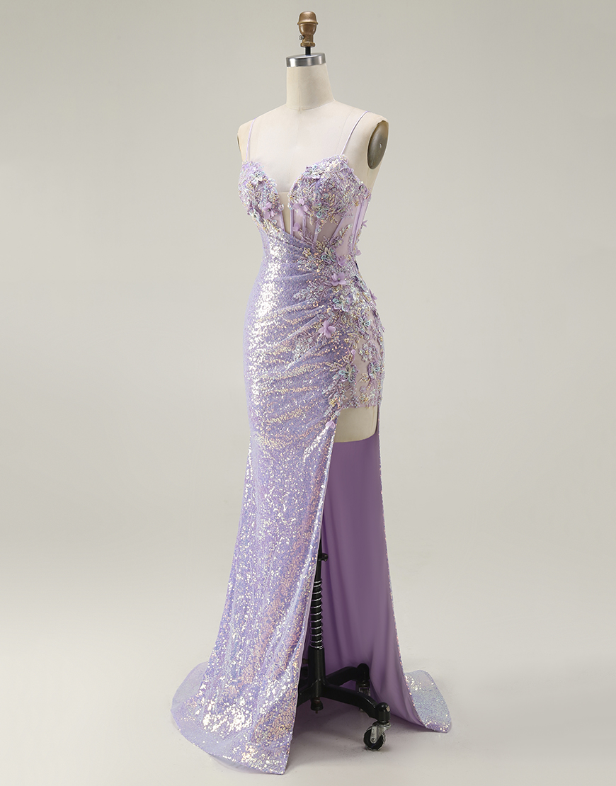 Sparkly Lilac Mermaid Long Corset Prom Dress with Slit