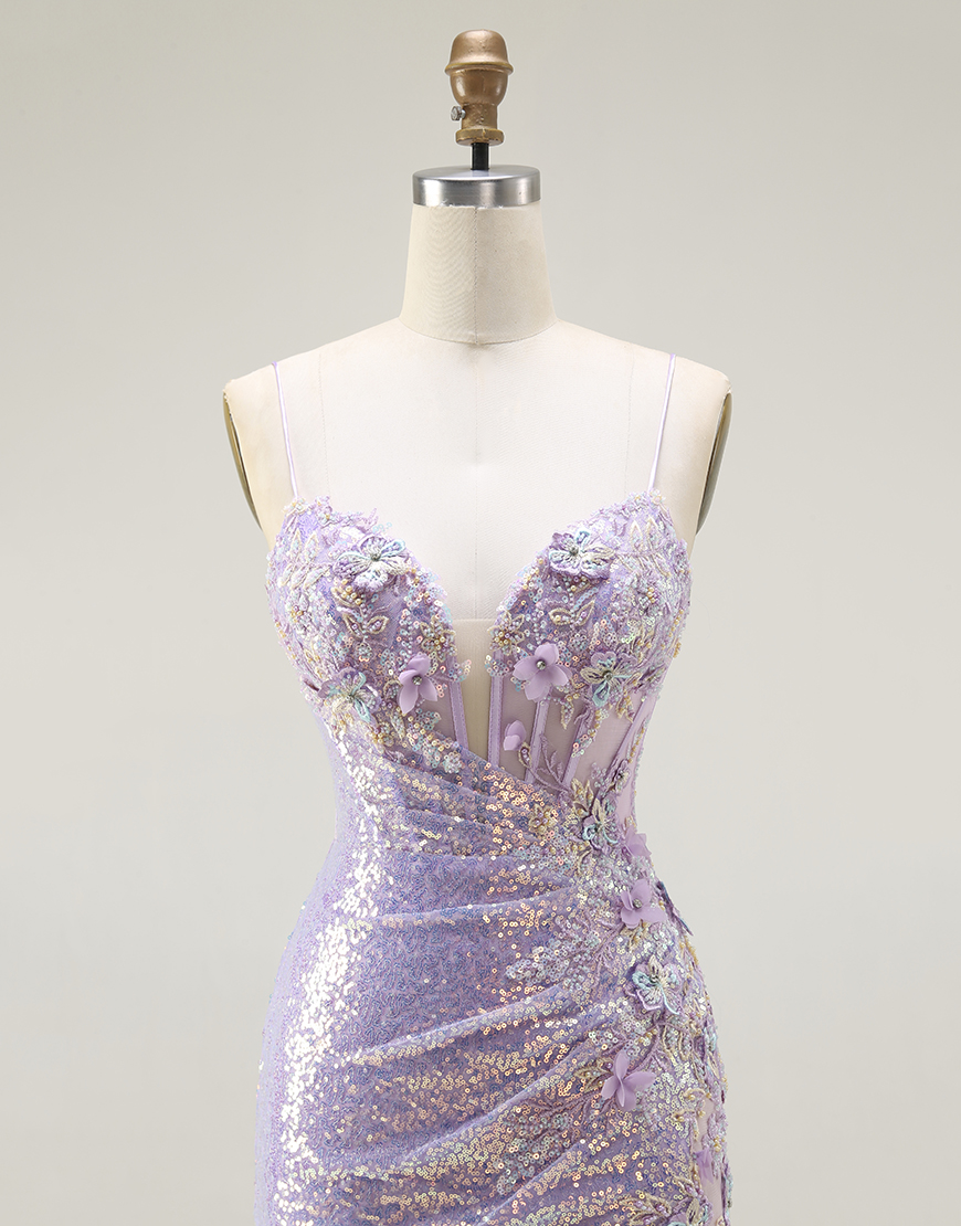 Sparkly Lilac Mermaid Long Corset Prom Dress with Slit