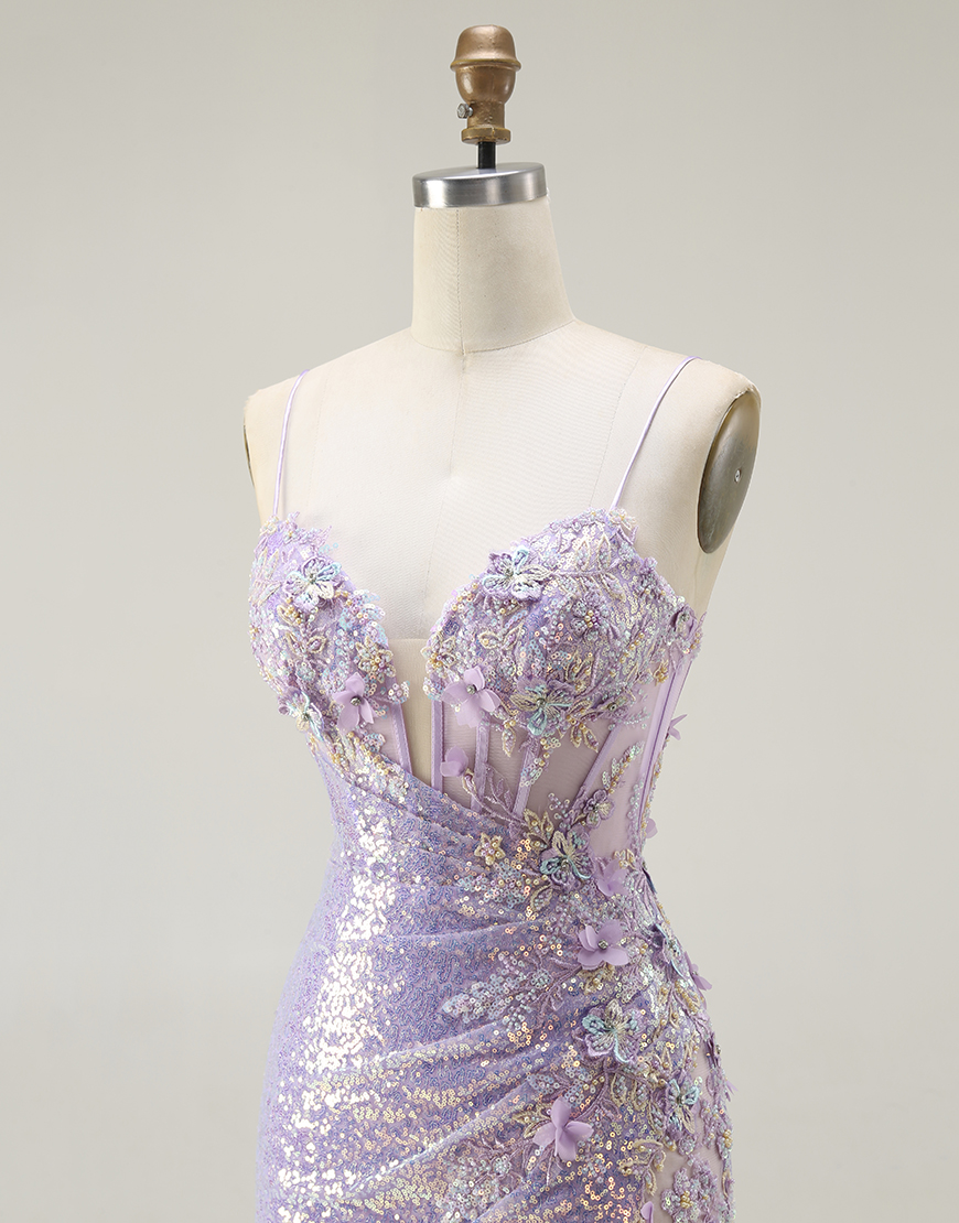 Sparkly Lilac Mermaid Long Corset Prom Dress with Slit